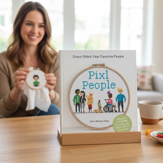 Patchwork with Busyfingers Pixl People Cross Stitch Book by John-Michael Stoof, featuring diverse pixelated characters and pets.