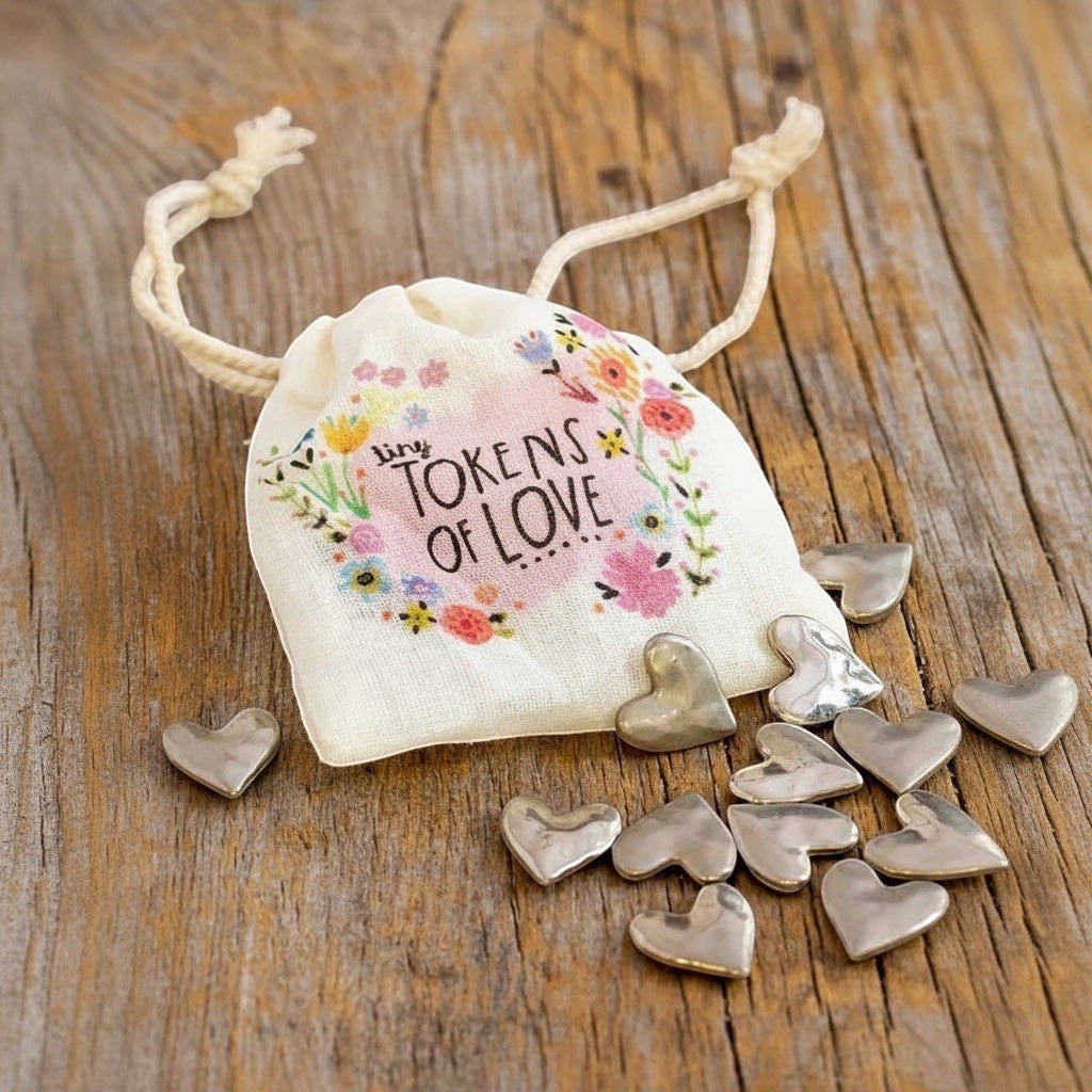 Patchwork with Busyfingers Bag of Pocket Tokens with floral design and heart-shaped metal tokens scattered on wood.