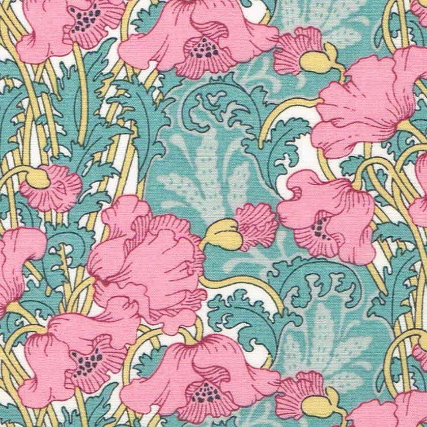 Patchwork with Busyfingers Large Jewellery Cube in Poppy floral print cotton Tana Lawn with pink poppies and teal foliage.
