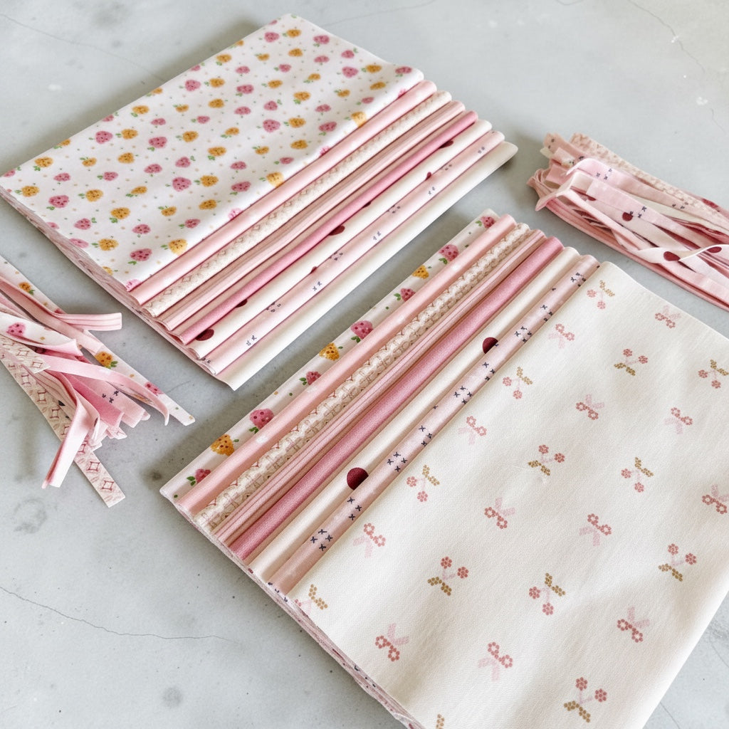 Patchwork with Busyfingers Powder Puff cotton fabric fat eighth pack with 8 assorted pink and white floral prints.