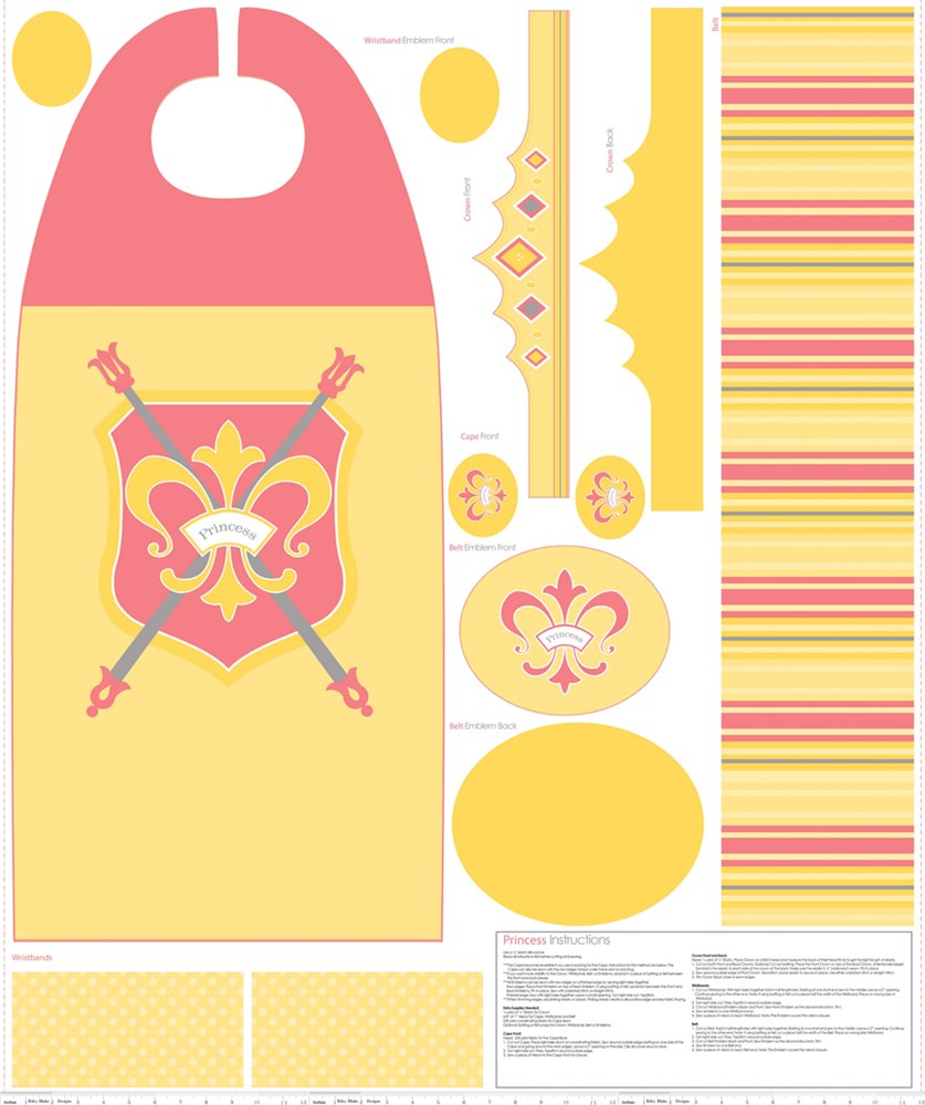 Patchwork with Busyfingers yellow princess cape fabric panel with printed crest, crown, and wristband patterns.