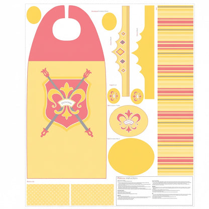 Patchwork with Busyfingers yellow princess cape fabric panel with printed crest, crown, and wristband patterns.