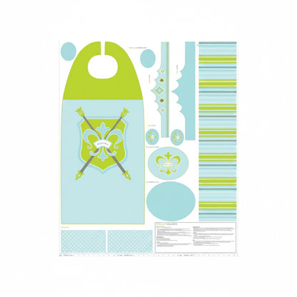 Patchwork with Busyfingers Princess Cape Panel in blue and lime green featuring crest and striped fabric patterns.