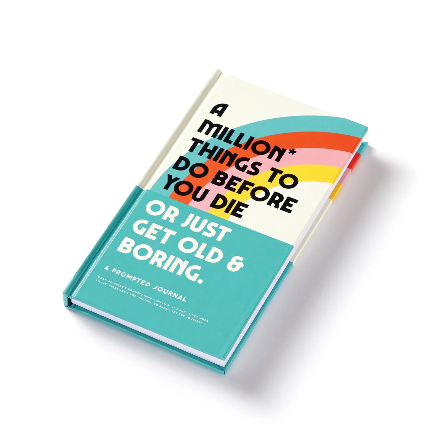 Patchwork with Busyfingers prompted journal with colorful abstract design and bold text: "A Million Things to Do Before You Die Or Just Get Old & Boring."