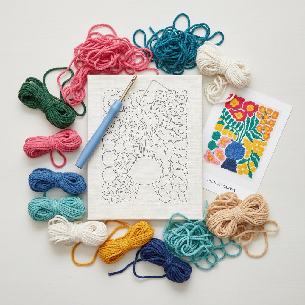 Patchwork with Busyfingers Blooming Wildflowers punch needle kit with pre-printed canvas, finished example, punch needle tool, threader, and 8 yarn colors.