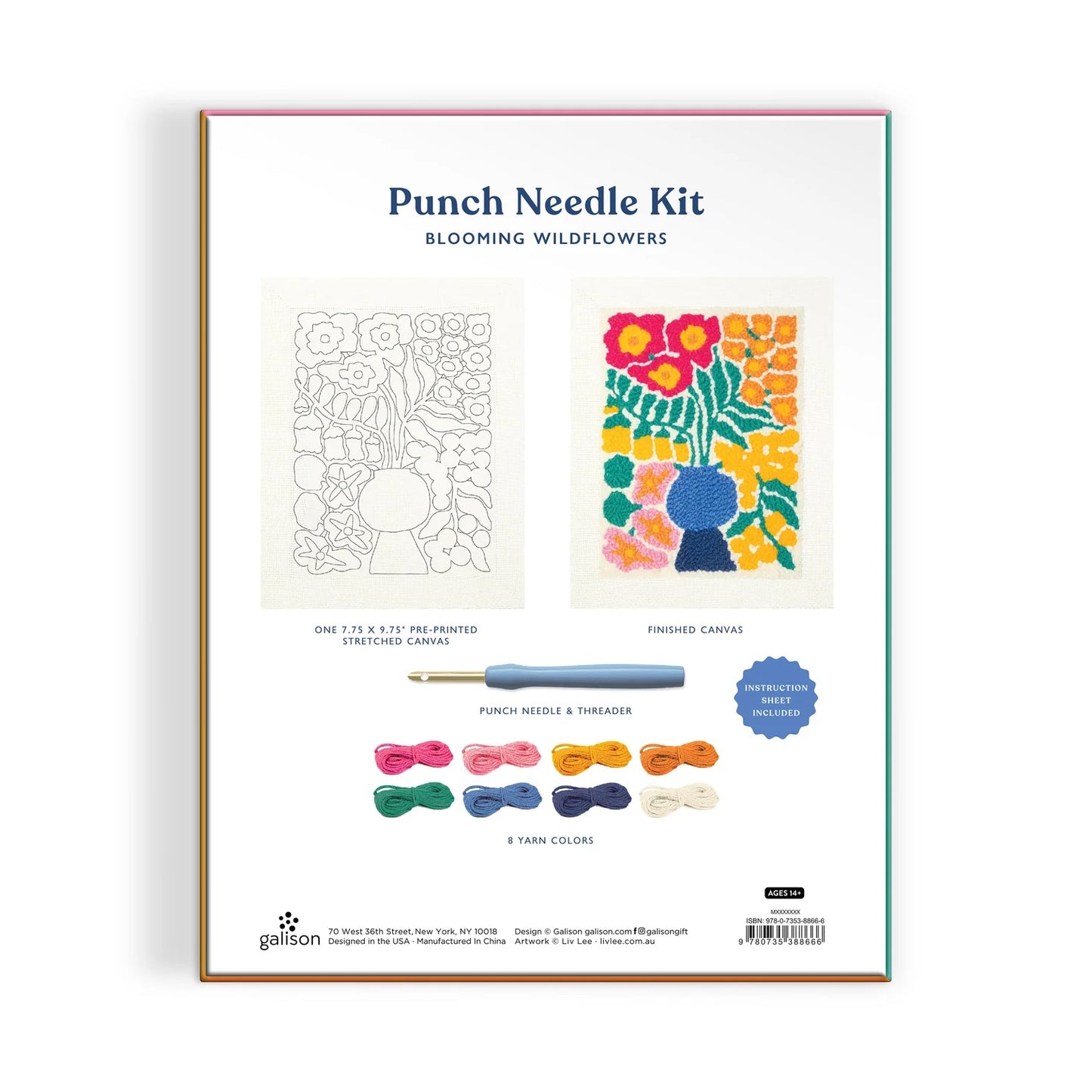 Patchwork with Busyfingers Blooming Wildflowers punch needle kit includes pre-printed canvas, punch needle & threader, and 8 yarn colors.