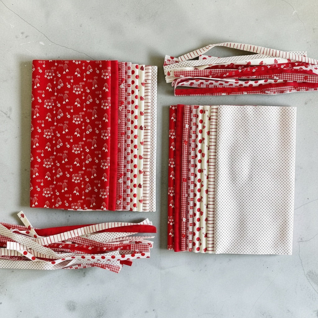 Patchwork with Busyfingers Strawberries and Cream cotton fabric fat eighth pack with 8 assorted red and white prints.