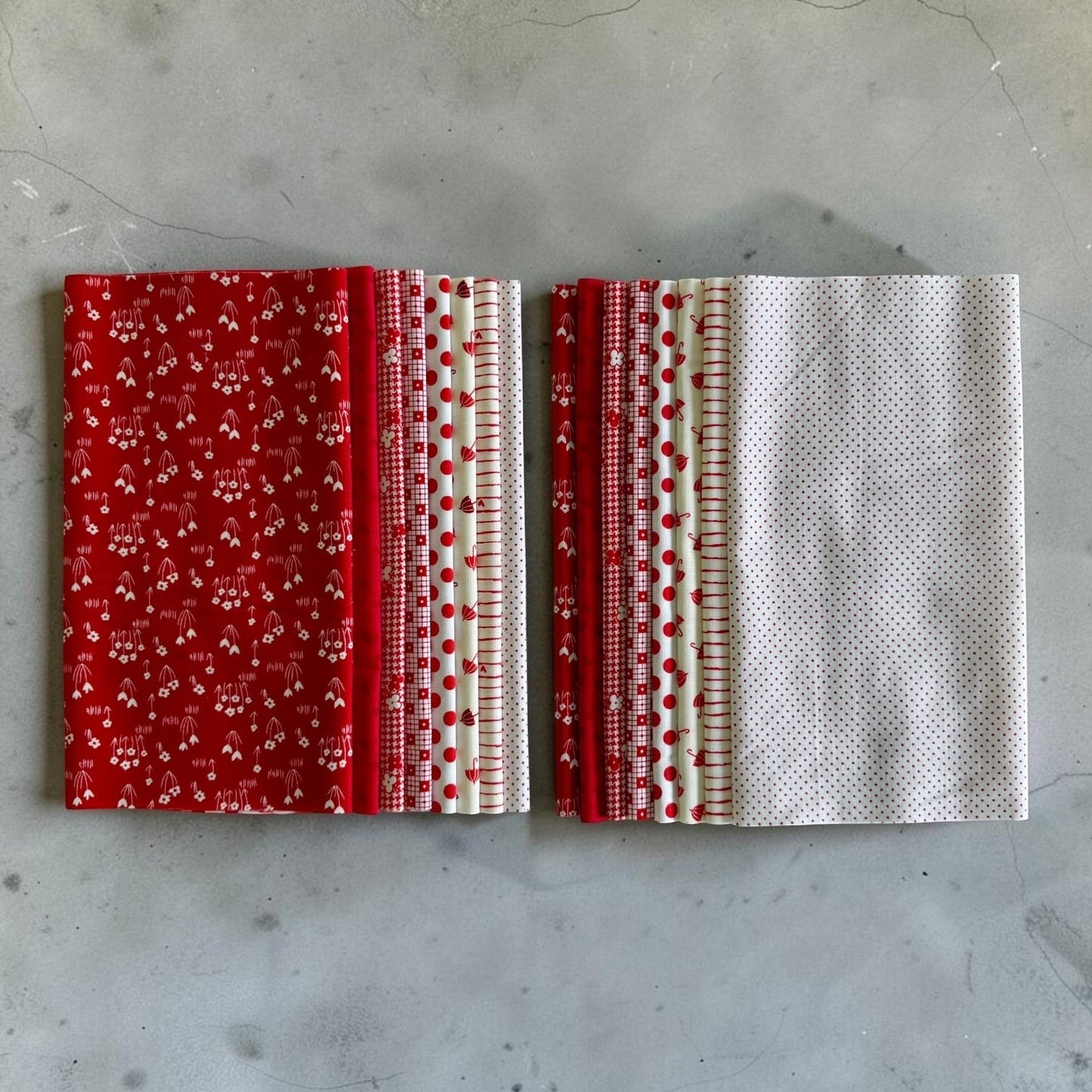 Patchwork with Busyfingers Strawberries & Cream fat eighth fabric pack featuring 8 assorted red and white cotton prints.