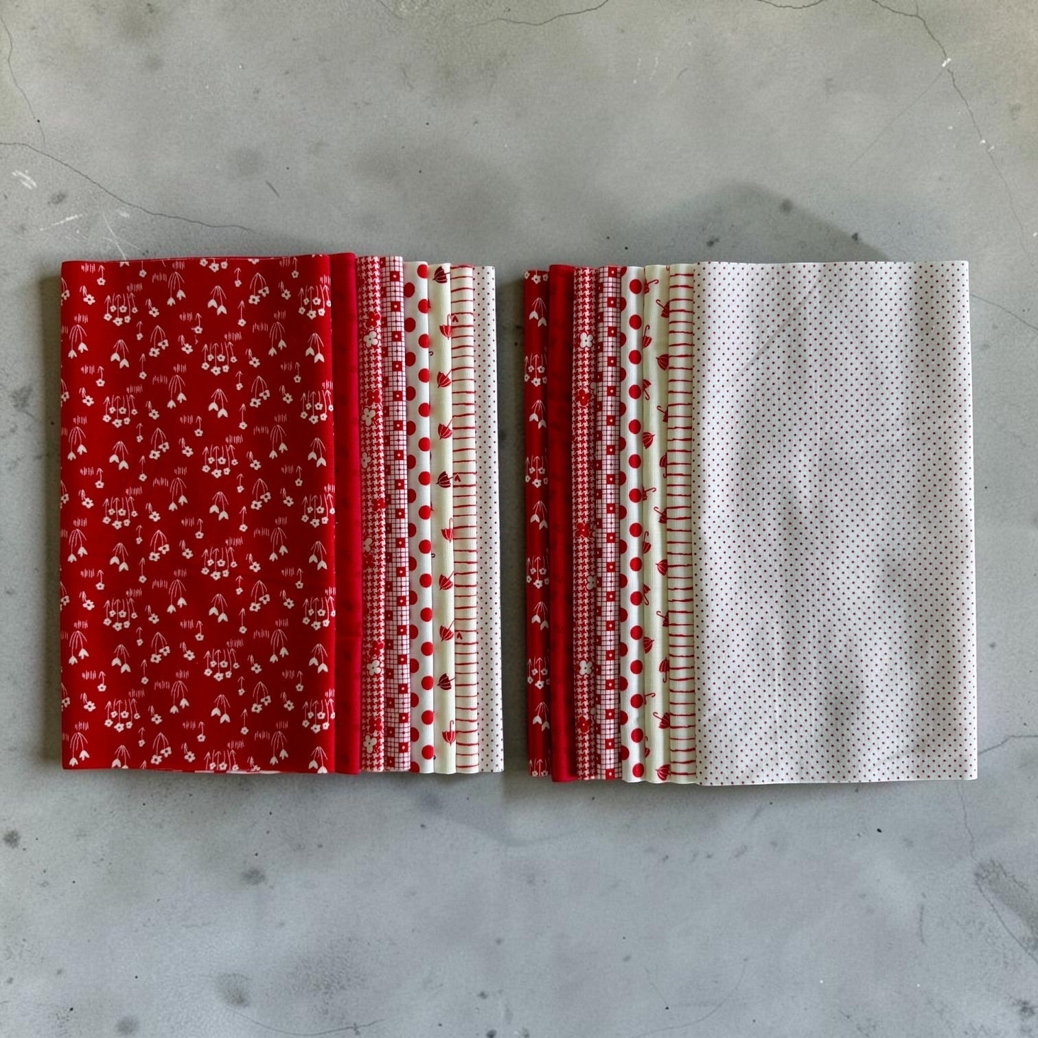 Patchwork with Busyfingers Strawberries & Cream fat eighth fabric pack featuring 8 assorted red and white cotton prints.