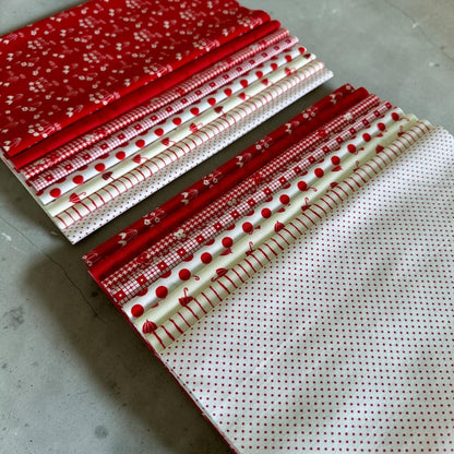 Patchwork with Busyfingers Strawberries & Cream 100% cotton fat eighth fabric pack with 8 red and white floral prints