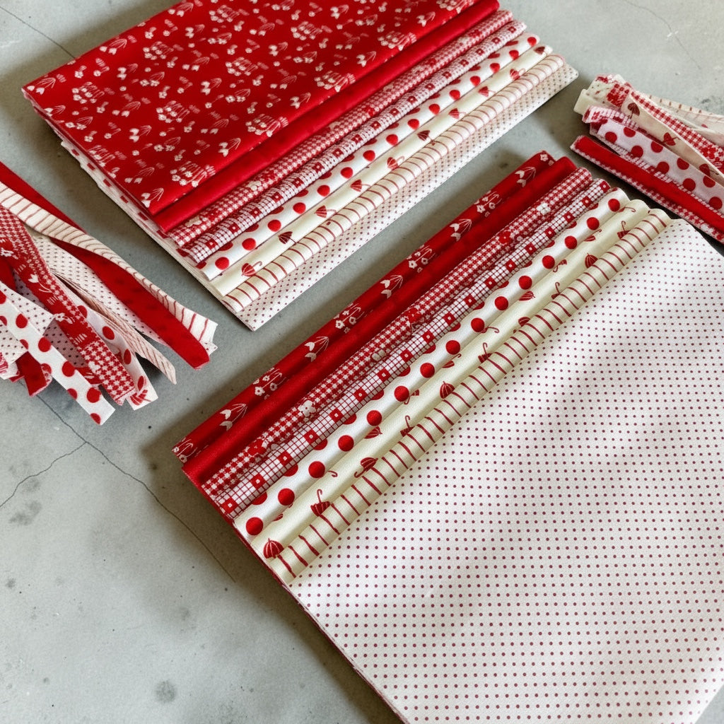 Patchwork with Busyfingers Strawberries & Cream 100% cotton fabric fat eighth pack with 8 assorted red and white prints.