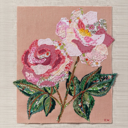 Patchwork with Busyfingers Rose Slow Stitching Kit featuring fabric rose collage on pink blush linen with embroidery