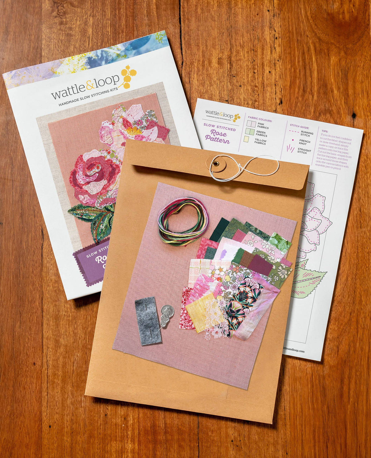 Patchwork with Busyfingers Rose Slow Stitching Kit with pink linen, floral cotton fabrics, lace, and embroidery thread