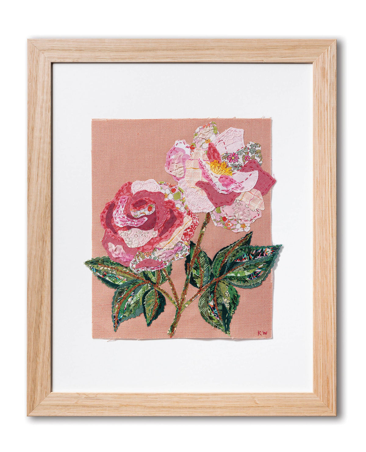 Patchwork with Busyfingers Rose Slow Stitching Kit featuring floral fabric collage on blush linen in a wooden frame.