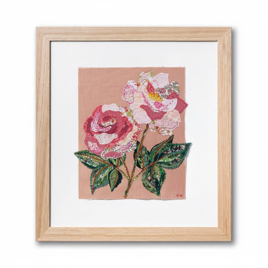 Patchwork with Busyfingers Rose Slow Stitching Kit featuring a floral fabric collage in a light wood frame.