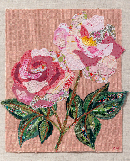 Patchwork with Busyfingers Rose Slow Stitching Kit featuring pink floral fabric collage on blush linen canvas