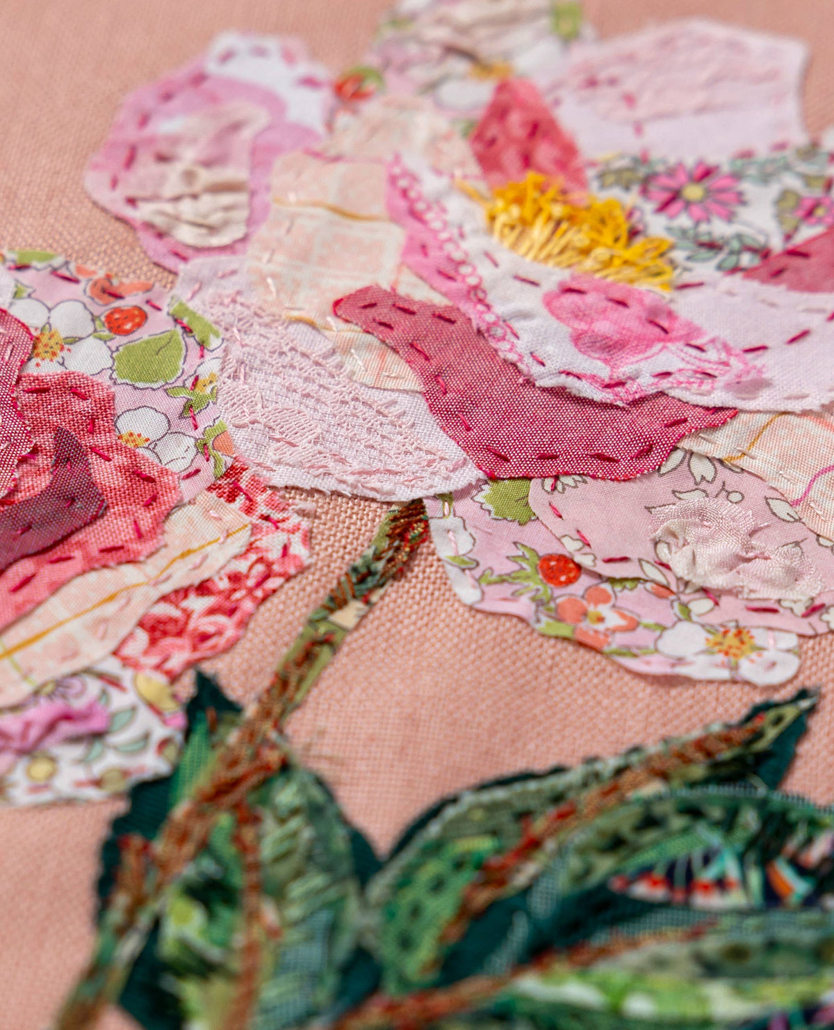Patchwork with Busyfingers Rose Slow Stitching Kit featuring pink floral fabric collage on blush linen canvas
