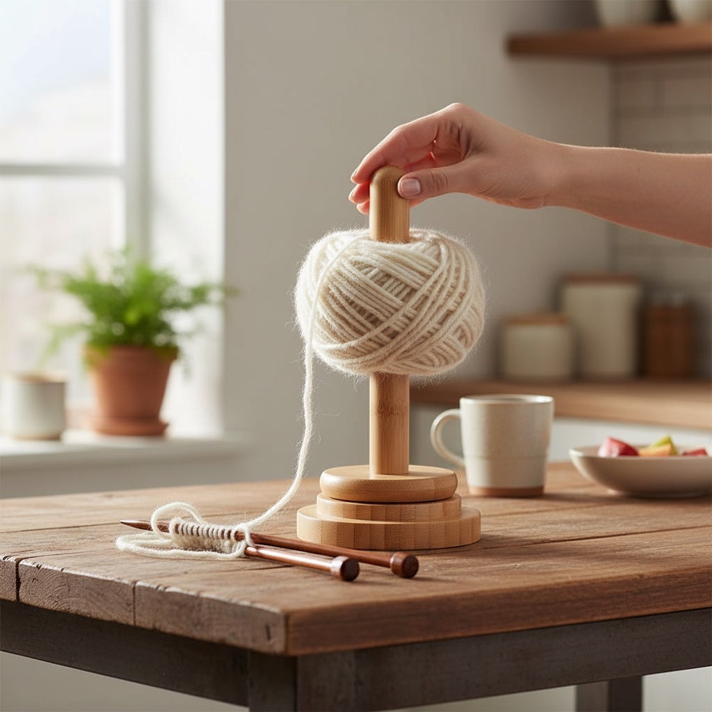 Patchwork with Busyfingers rotating timber yarn butler holding a ball of yarn on a wooden table with knitting needles