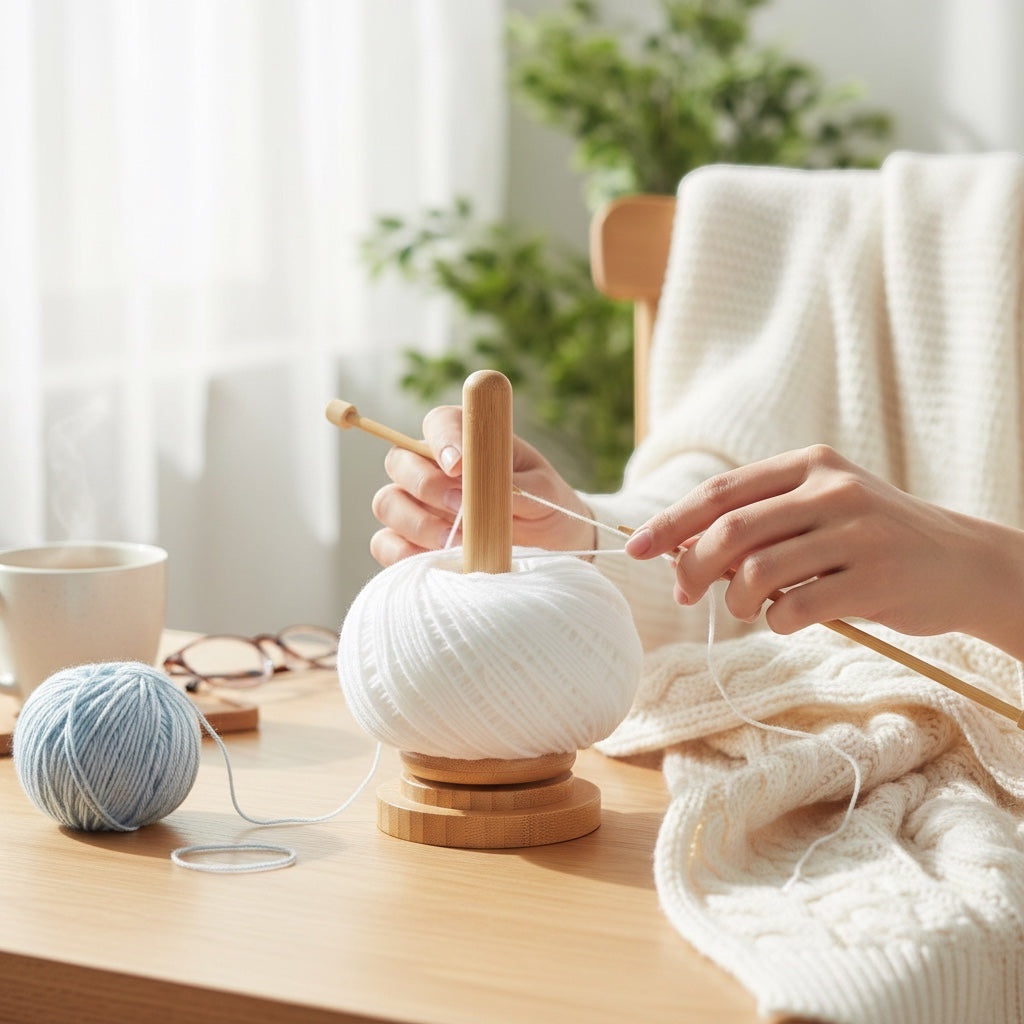 Patchwork with Busyfingers natural timber rotating yarn butler holding a white yarn ball while a person knits.