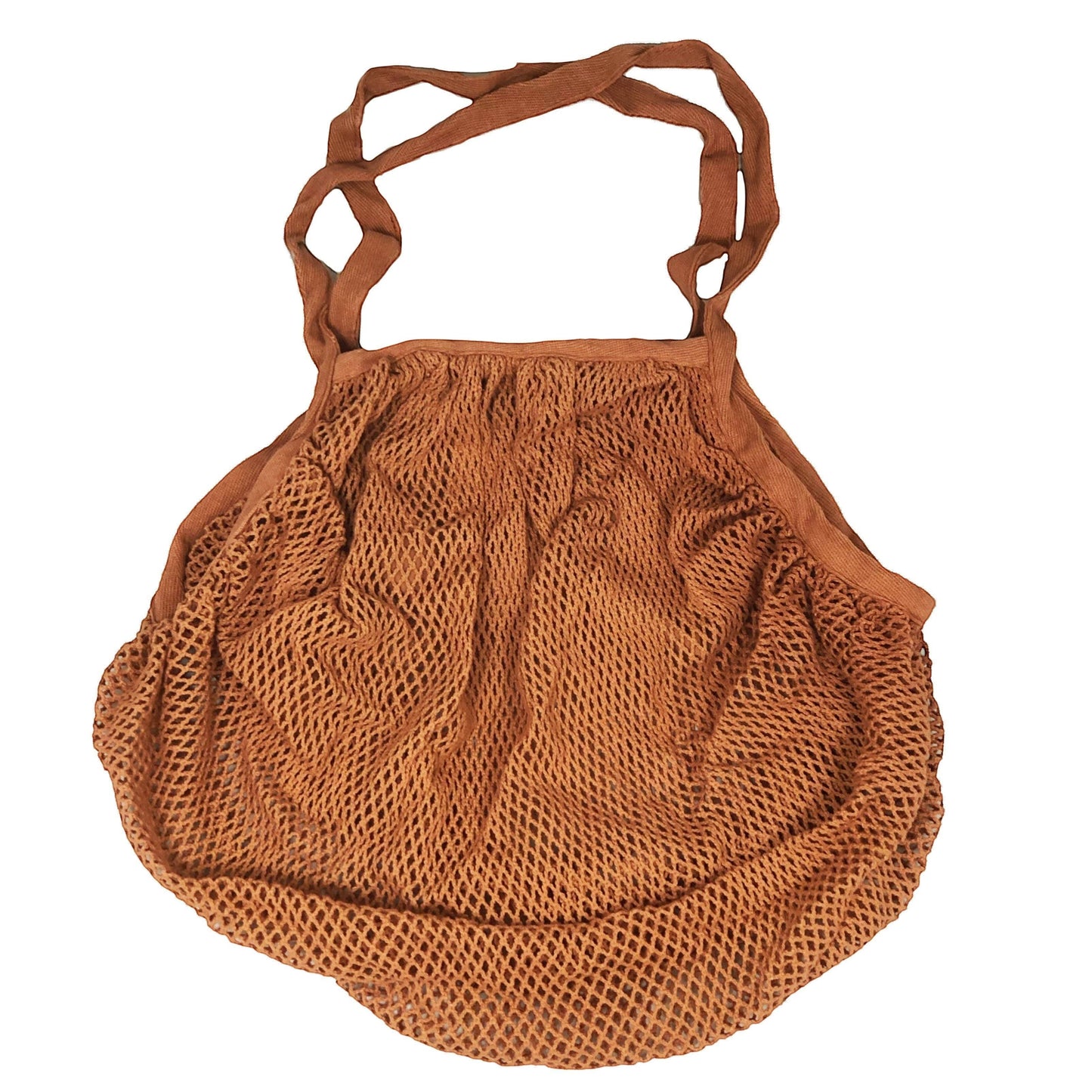 Patchwork with Busyfingers rust orange 100% cotton crescent net bag with two long handles.