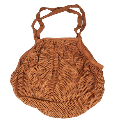 Patchwork with Busyfingers rust orange 100% cotton crescent net bag with two long handles.