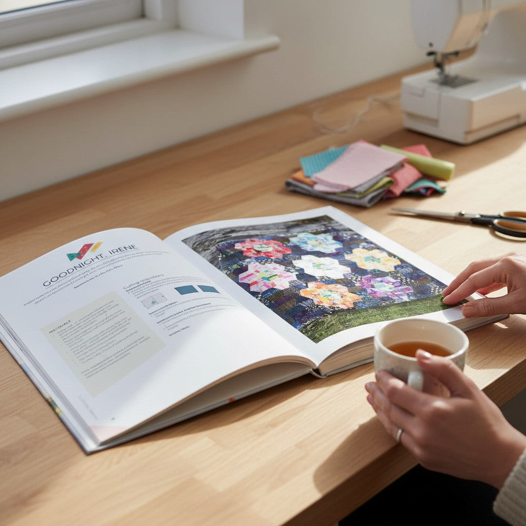 Patchwork with Busyfingers book page showing quilt pattern with colourful hexagon flowers on navy background.