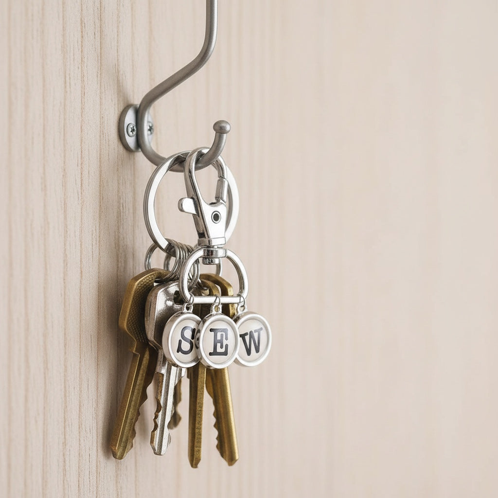 Patchwork with Busyfingers enamel charm typewriter keys spelling SEW with a silver lobster clasp.