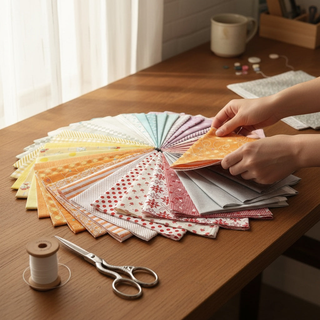 Patchwork with Busyfingers Sherbet Skies 40-piece cotton fat quarter bundle in a pastel rainbow fan on a wooden table.