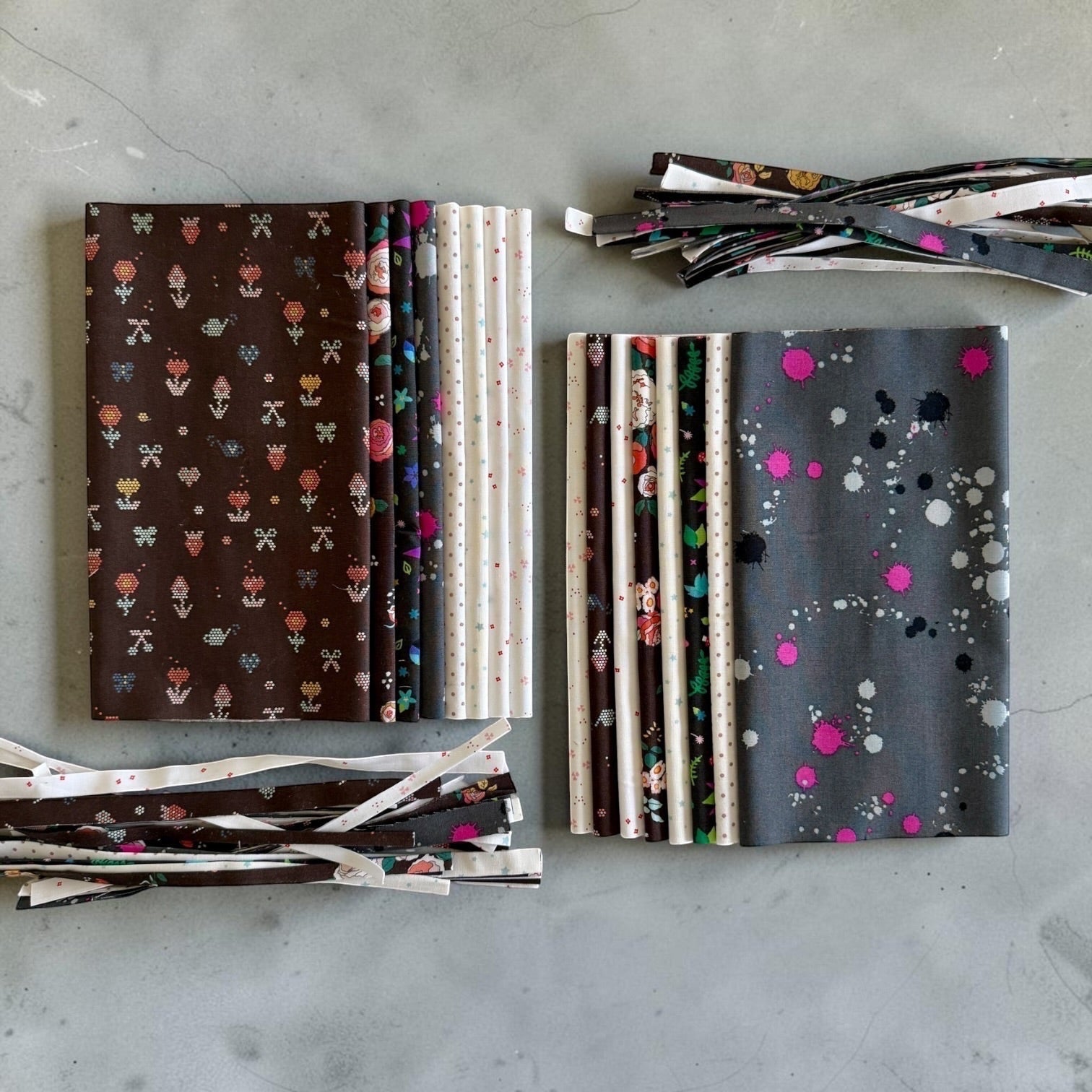 Patchwork with Busyfingers Slate & Granite cotton fabric fat eighth pack featuring 8 assorted floral and splatter prints