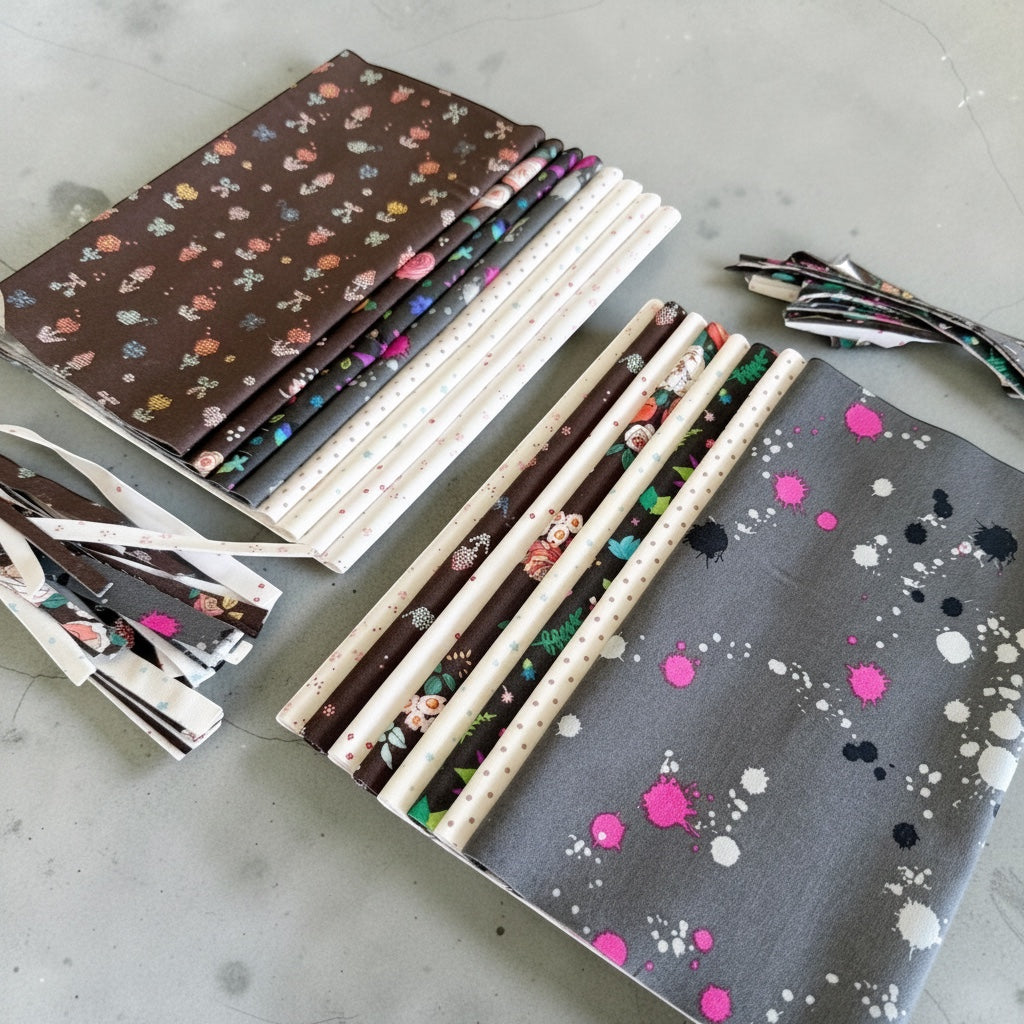 Patchwork with Busyfingers Slate and Granite fat eighth fabric pack featuring 8 assorted 100% cotton quilting prints.