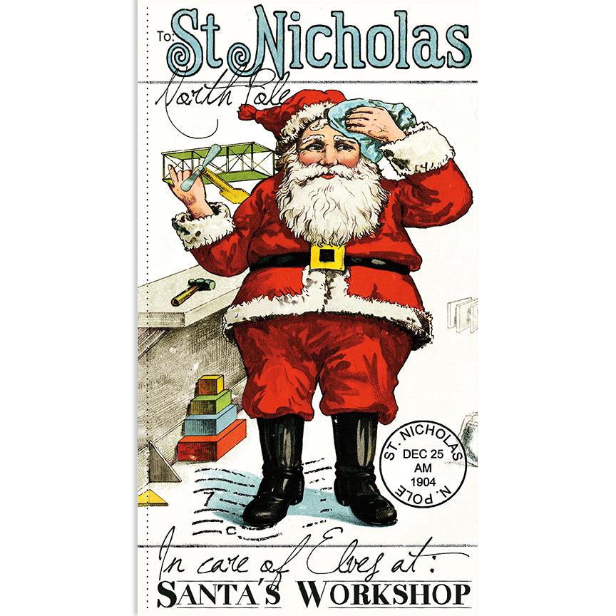 Patchwork with Busyfingers St. Nicholas fabric panel featuring a vintage Santa Claus illustration in a workshop.