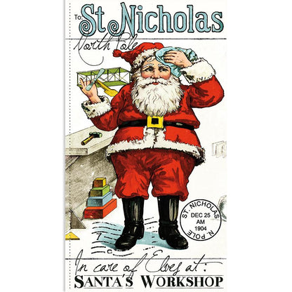 Patchwork with Busyfingers St. Nicholas fabric panel featuring a vintage Santa Claus illustration in a workshop.