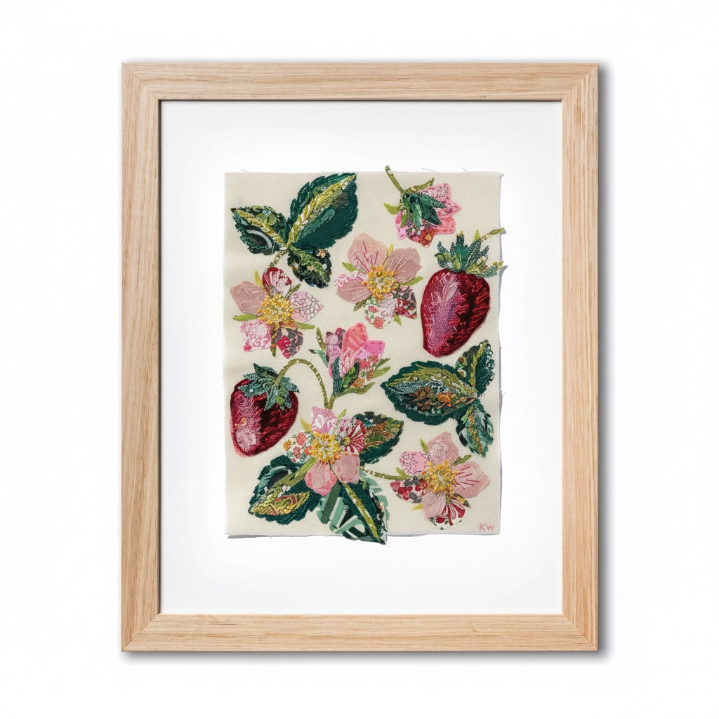 Patchwork with Busyfingers Strawberry Slow Stitching Kit featuring embroidered strawberries and pink flowers in a frame