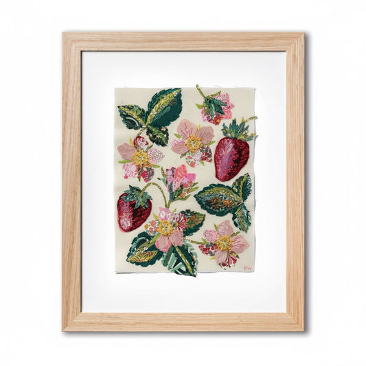 Patchwork with Busyfingers Strawberry Slow Stitching Kit featuring embroidered strawberries and pink flowers in a frame