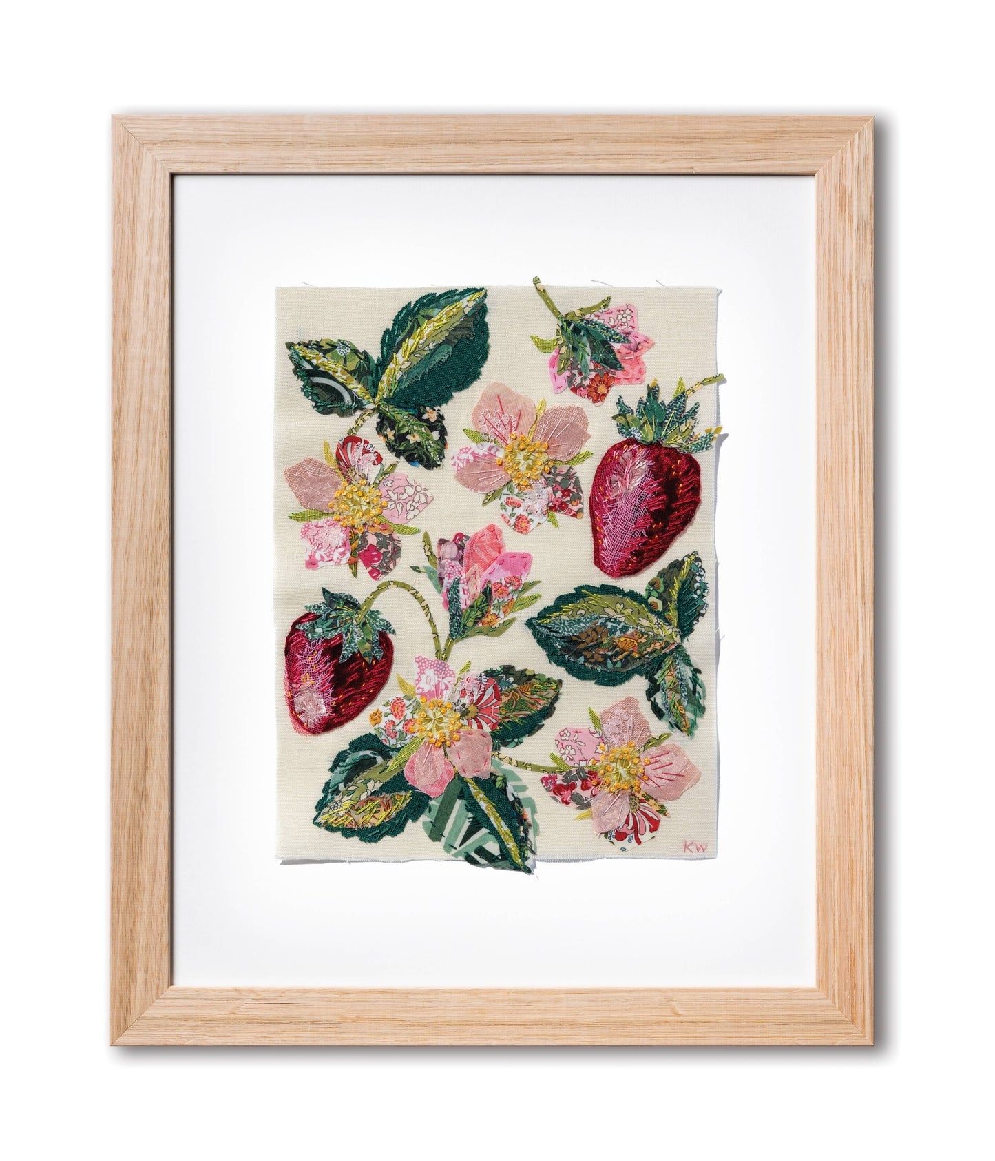 Patchwork with Busyfingers Strawberry Slow Stitching Kit featuring embroidered strawberries and pink floral motifs.