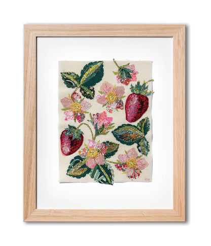 Patchwork with Busyfingers Strawberry Slow Stitching Kit featuring embroidered strawberries and pink floral motifs.