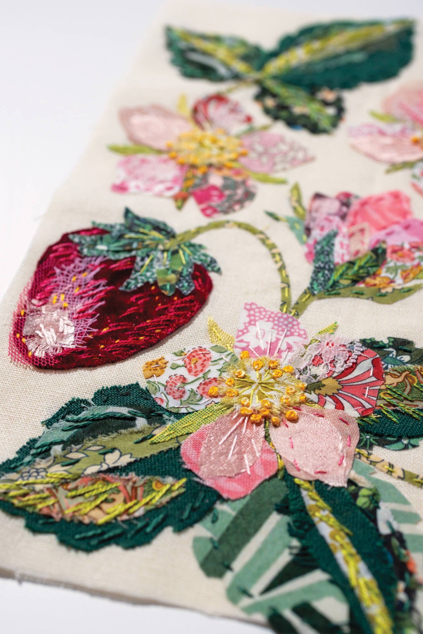 Patchwork with Busyfingers strawberry slow stitching kit featuring velvet, silk, and Liberty London fabric applique.
