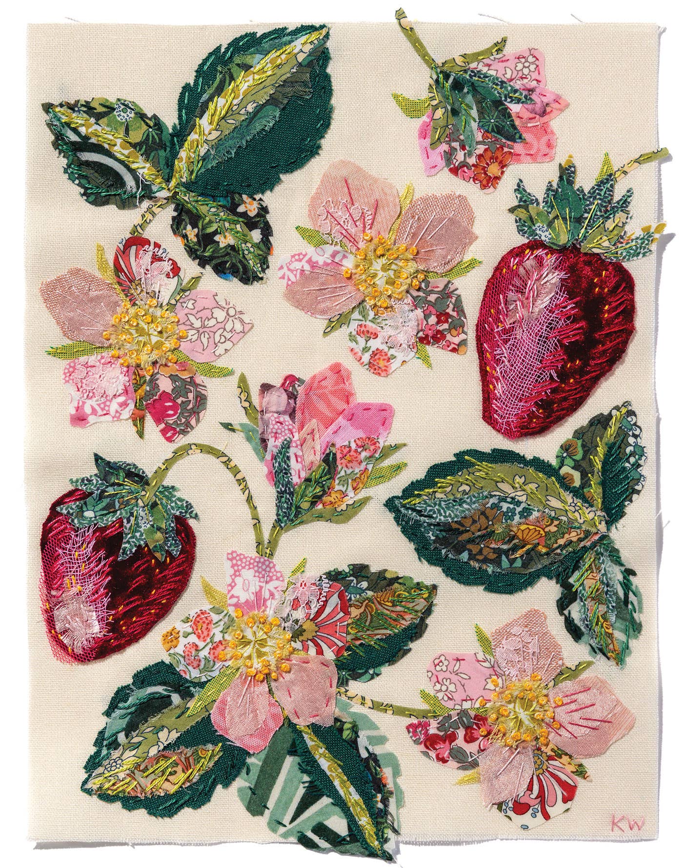 Patchwork with Busyfingers Strawberry Slow Stitching Kit featuring fabric strawberries and pink floral embroidery