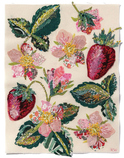 Patchwork with Busyfingers Strawberry Slow Stitching Kit featuring fabric strawberries and pink floral embroidery