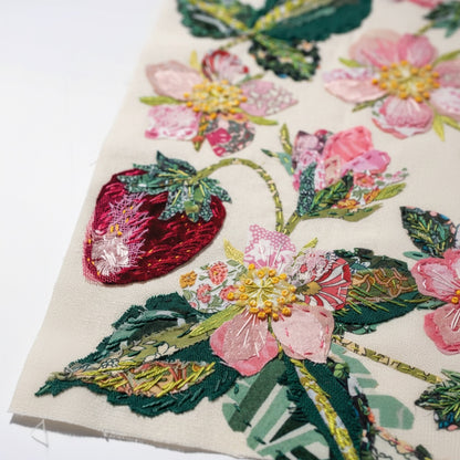 Patchwork with Busyfingers strawberry slow stitching kit featuring velvet, silk, and Liberty prints on linen fabric.