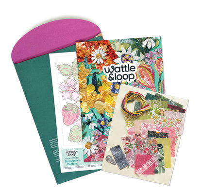 Patchwork with Busyfingers Strawberry Slow Stitching Kit with fabric scraps, embroidery threads, and pattern booklet.