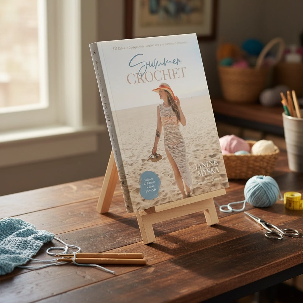 Patchwork with Busyfingers Summer Crochet book by Janine Myska displayed on a wooden easel with yarn and hooks.