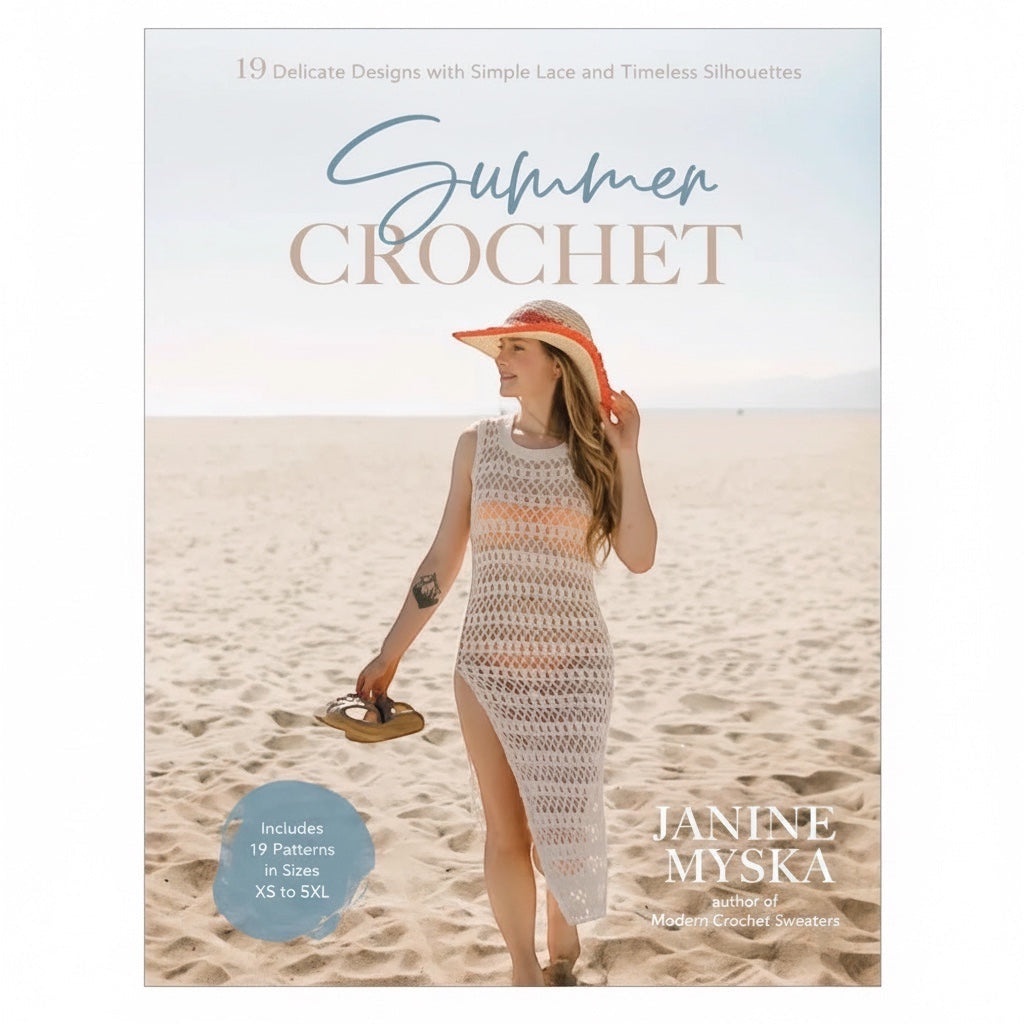 Patchwork with Busyfingers Summer Crochet book cover featuring a woman in a crochet dress on a sandy beach.