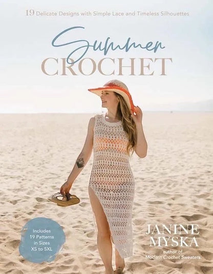 Patchwork with Busyfingers Summer Crochet book cover featuring a woman in a white lace dress on a sandy beach.
