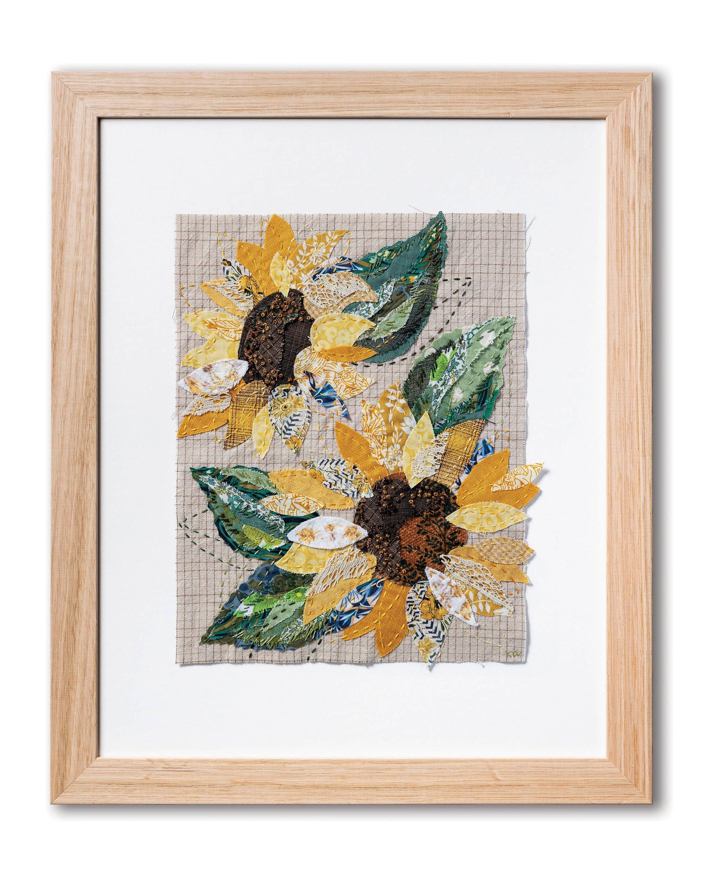 Patchwork with Busyfingers Sun Flower Slow Stitching Kit featuring fabric sunflower collage in a light wood frame