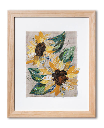 Patchwork with Busyfingers Sun Flower Slow Stitching Kit featuring fabric sunflower collage in a light wood frame