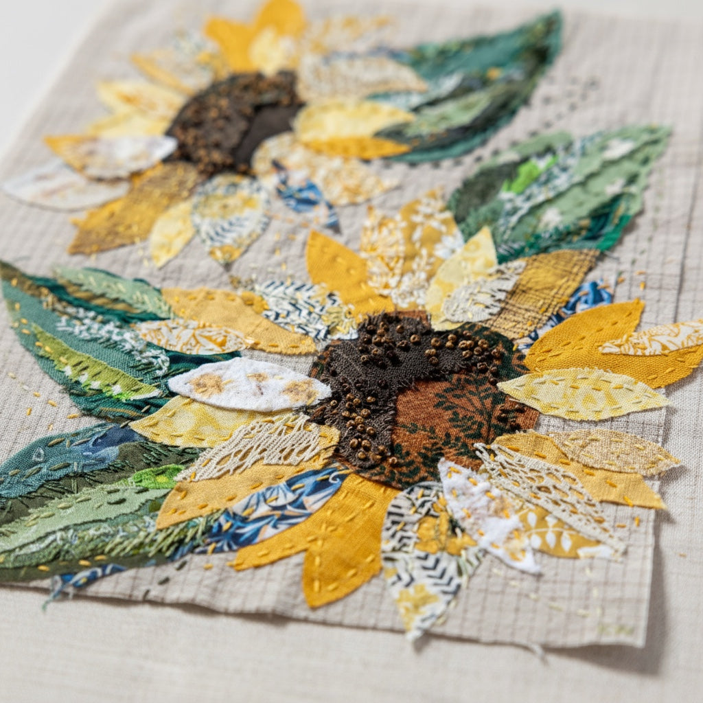 Patchwork with Busyfingers Sun Flower Slow Stitching Kit featuring layered cotton, linen, and Liberty floral fabrics.