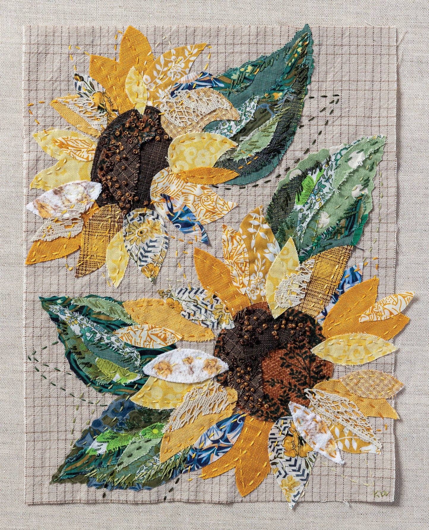 Patchwork with Busyfingers Sun Flower Slow Stitching Kit featuring textured fabric sunflower collage on grid fabric