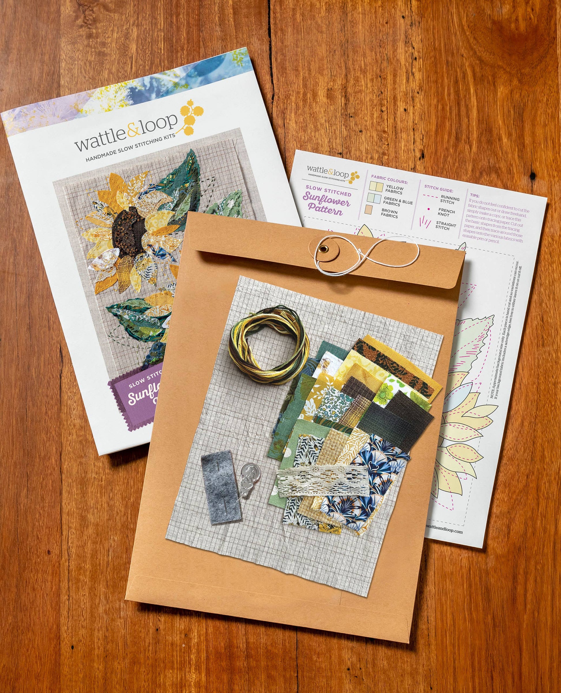 Patchwork with Busyfingers Sun Flower Slow Stitching Kit with fabric scraps, embroidery thread, and instruction guide.