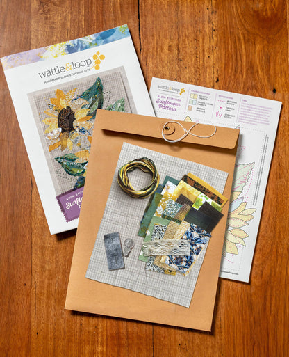 Patchwork with Busyfingers Sun Flower Slow Stitching Kit with fabric scraps, embroidery thread, and instruction guide.